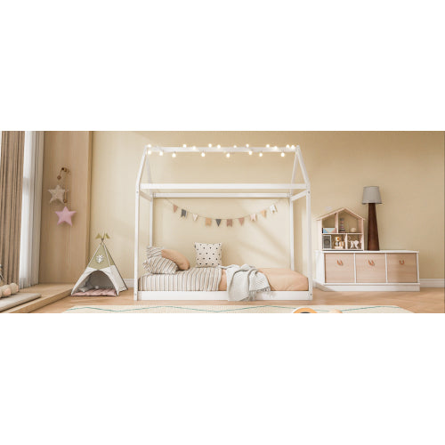 Twin Size Wooden House Bed, White