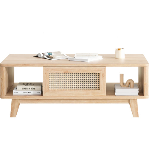 Coffee Table, Mid Century Living Room Tables with Storage, Modern Square with Rattan Drawer, Wooden Living Room Table with Solid Wood Leg