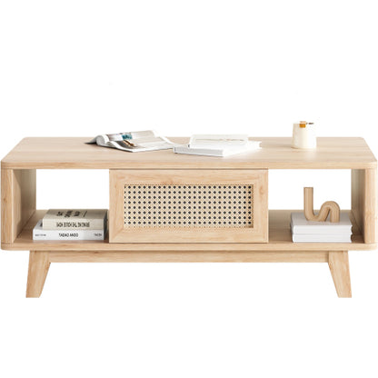 Coffee Table, Mid Century Living Room Tables with Storage, Modern Square with Rattan Drawer, Wooden Living Room Table with Solid Wood Leg