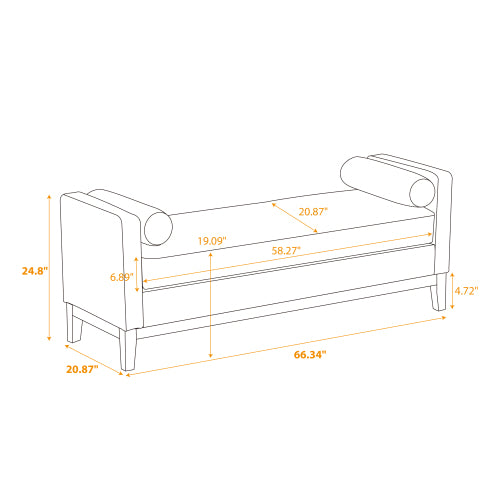 66.34inch W Elegant Upholstered Bench,Daybed, Ottoman with Nature Wood Legs & 2 Bolster Pillows for End of Bed, Bedroom, Living Room, Entryway,Ivory Boucle