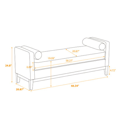 66.34inch W Elegant Upholstered Bench,Daybed, Ottoman with Nature Wood Legs & 2 Bolster Pillows for End of Bed, Bedroom, Living Room, Entryway,Ivory Boucle