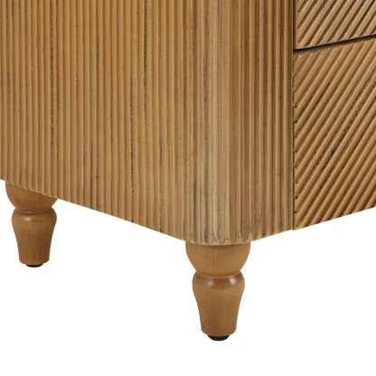 Mid-Century Fluted 3 Drawers Nightstand, Bedside Table with Curved Profile Design and Wide Gold Glossy Handles, End Table for Living Room, Bedroom, Easy Assembly, Natural