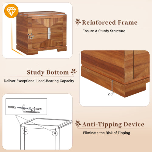 Mid-Century Modern Nightstand, 2 Drawers Wide Sofa Side Table,Wood Diamond Shaped End Table with Storage,Closet with Heavy Duty Base,Small Bedside Table for Bedroom,Living Room,Entrance, Light Brown