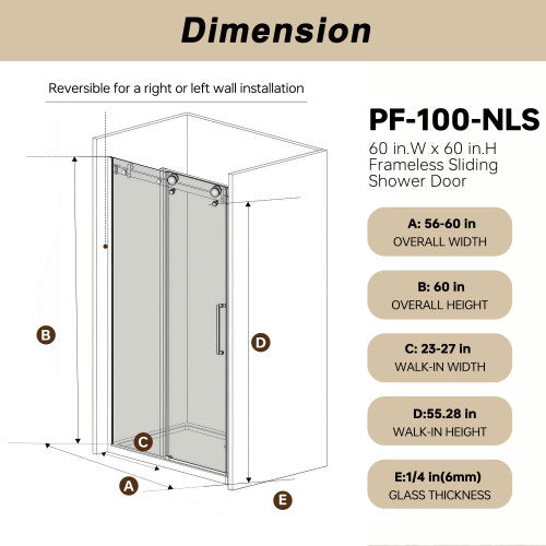 Frameless Single sliding shower door 56-60 "W x 60" H, 1/4 "(6 mm) Clear Tempered Glass, Explosion Proof Film, Stainless Steel Handle Square Tube Track ,Brushed Nickel