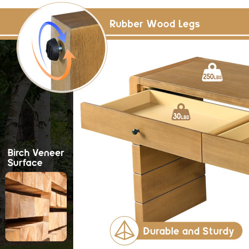 Curved Console Table with Storage, Wooden Entryway Table with 2 Drawers, Farmhouse Rustic Console Tables for Entryway, Hallway, Living Room, Natural