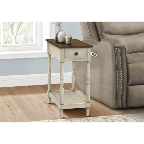 25 Inch Traditional Accent Table with Drawer, Brown & Antique White Veneer