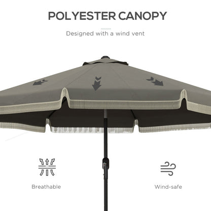 9ft Patio Umbrella with Push Button Tilt and Crank, Ruffled Outdoor Market Table Umbrella with Tassles and 8 Ribs, for Garden, Deck, Pool, Dark Gray