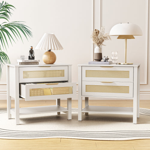 White Rattan 2-Drawer Nightstand with Shelf, Boho Style