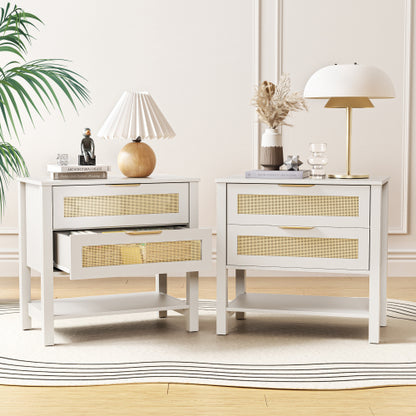 White Rattan 2-Drawer Nightstand with Shelf, Boho Style