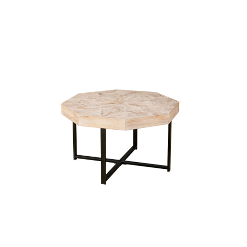 30 Inch Octagonal Patchwork Coffee Table, Antique Wood