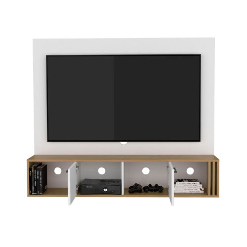56.1 Inch Natural Oak White Floating Style Entertainment Center with Cable Management Holes