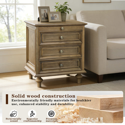Farmhouse Nightstands with 4 Drawer,Wood Storage End Table with Hidden Pull-Out Shelf, Large Side Table with 4 Solid Wood Feet and Metal Handle,Easy Assembly,Light Brown