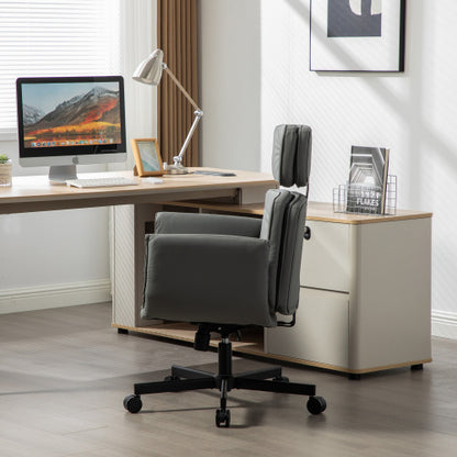 Criss Cross Chair with Adjustable Armrests & Wheels & Headrest, PU Lounge Vanity Desk Chair with Wide Seat for Cross-Legged Sitting, Swivel Task Office Chairs for Home, Makeup, Gaming, Office, Gray
