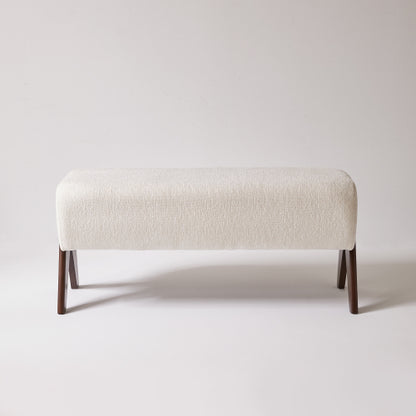 Cream Chenille Upholstered Ottoman Bench, Solid Wood V-Shaped Leg Entryway Shoe Bench for Bedroom & Foyer
