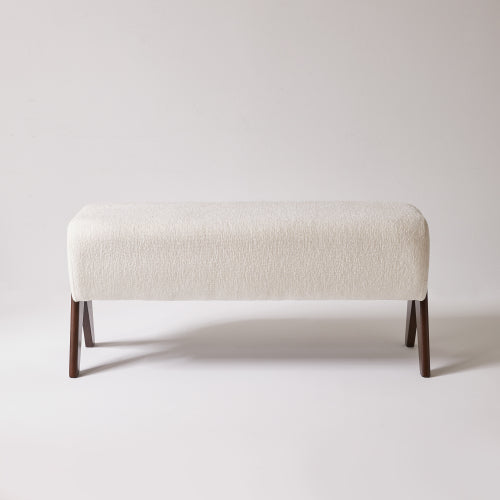 Cream Chenille Upholstered Ottoman Bench, Solid Wood V-Shaped Leg Entryway Shoe Bench for Bedroom & Foyer