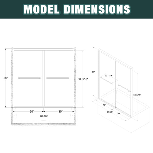 56-60"x58" Aluminum Frame Double Sliding Bathtub Screen, Bypass Bathroom Sliding Door with Premium 1/4" (6mm) Clear Tempered Glass, Chrome Hardware Sliding Glass Shower Enclosure,Chrome Finished