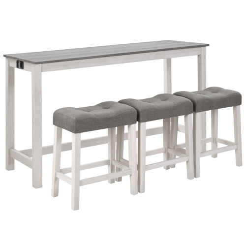 4-Piece Bar Table Set with Power Outlet, 59 inch  Sofa Behind Couch Table + 3 Linen Padded Stools, White & Grey Woodgrain