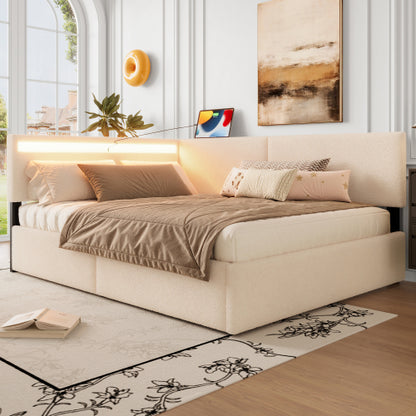 Twin Size Boucle Bed Frame, Upholstered Cloud Bed Frame with Headboard, with 2 Storage Drawers, LED light and USB Charging Design, Solid Wood Legs and Slats, No Box Spring Needed, Beige