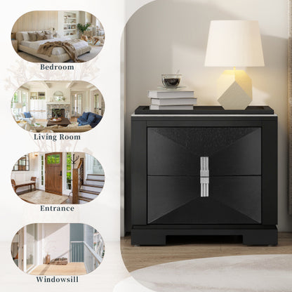 Mid-Century Modern Nightstand, 2 Drawers Wide Sofa Side Table,Wood Diamond Shaped End Table with Storage,Closet with Heavy Duty Base,Small Bedside Table for Bedroom,Living Room,Entrance,Black