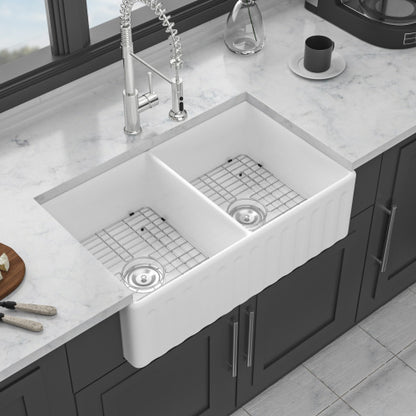 White Farmhouse Sink - 33 x 20 x 10 inch White Ceramic Porcelain Double Bowl Reversible Design Farm Kitchen Sink