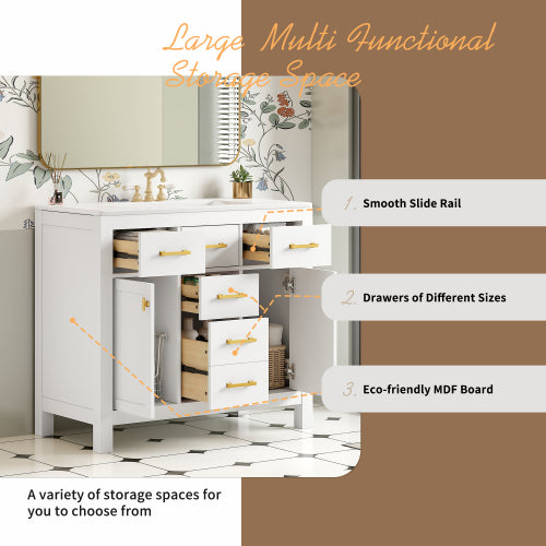 36'' Bathroom Vanity with Ceramic Sink Combo Set,Modern Freestanding Single Bathroom Cabinet with 4 Drawers & 2 Cabinets,Storage Cabinet for Bathroom, Solid Wood Frame Vanity Set, White
