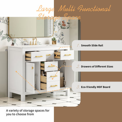 36'' Bathroom Vanity with Ceramic Sink Combo Set,Modern Freestanding Single Bathroom Cabinet with 4 Drawers & 2 Cabinets,Storage Cabinet for Bathroom, Solid Wood Frame Vanity Set, White