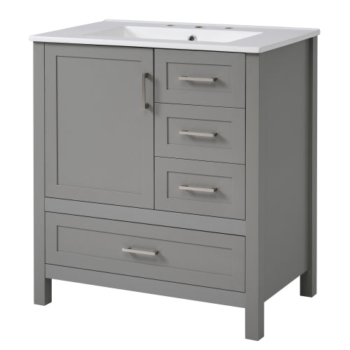 30" Gray Bathroom Vanity with Sink Combination Set, Bathroom Storage Cabinet with Soft Close Door, 3 Soft Close Drawers and Removable Tray, Solid Wood Frame