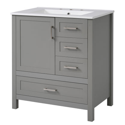 30" Gray Bathroom Vanity with Sink Combination Set, Bathroom Storage Cabinet with Soft Close Door, 3 Soft Close Drawers and Removable Tray, Solid Wood Frame