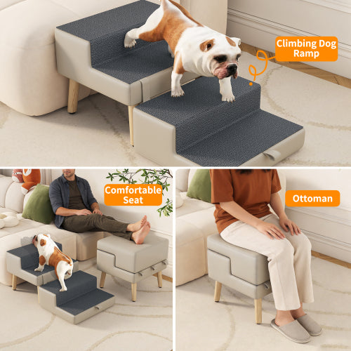 Light Grey 2-in-1 Foldable Wooden Pet Ottoman Dog Stairs, Anti-Slip Pet Ramp for Puppies & Small Dogs