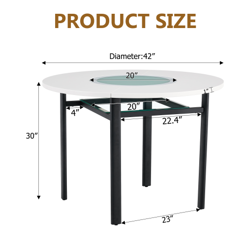 42-Inch Round Dining Table with Glass Inlay for 4-6 People