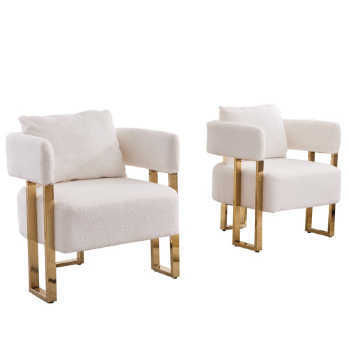 2-PCS White Teddy Fleece Accent Side Chair with Polished Gold Metal Square Legs