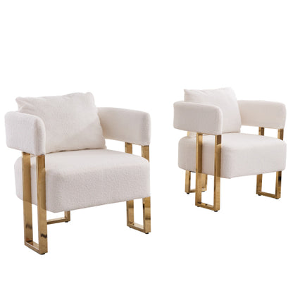 2-PCS White Teddy Fleece Accent Side Chair with Polished Gold Metal Square Legs