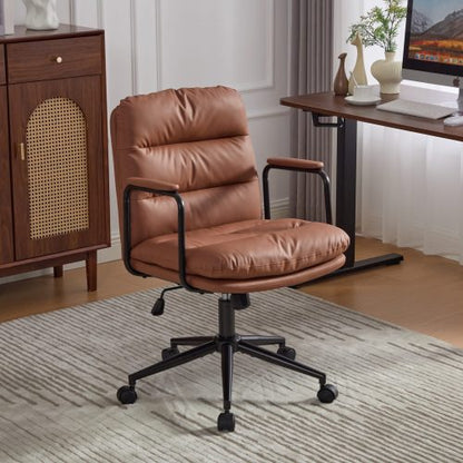 Office Chair,Mid Back Home Office Desk Task Chair with Wheels and Arms Ergonomic PU Leather Computer Rolling Swivel Chair with Padded Armrest,The back of the chair can recline 40°(Brown)