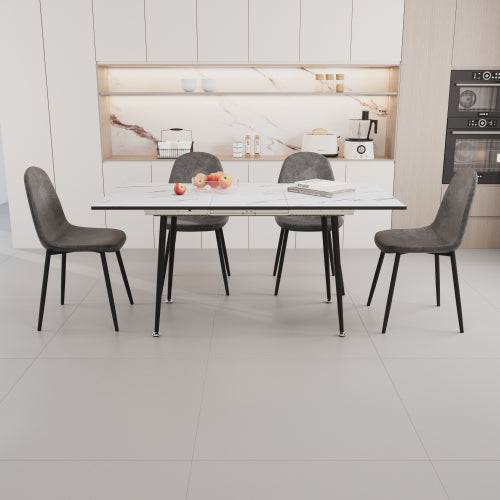 5-Piece White Extendable MDF Dining Set, Expandable Table & 4 Grey Suede Chairs with Metal Base