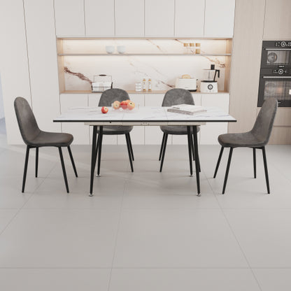 5-Piece White Extendable MDF Dining Set, Expandable Table & 4 Grey Suede Chairs with Metal Base