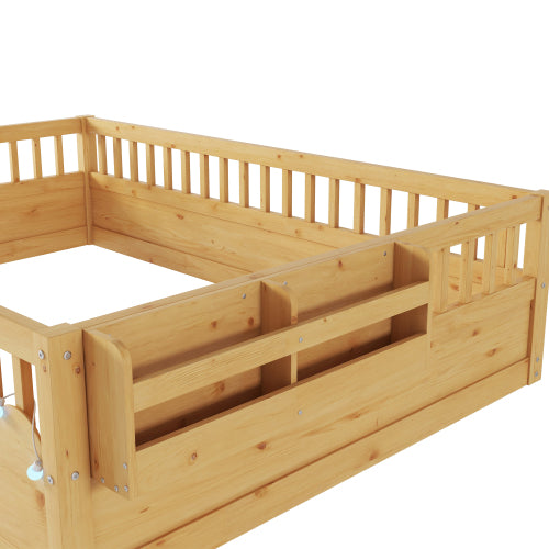 Full Montessori Floor Bed Frame with High Rails, Wood Kids Floor Beds with Light and Storage Shelf, Natural