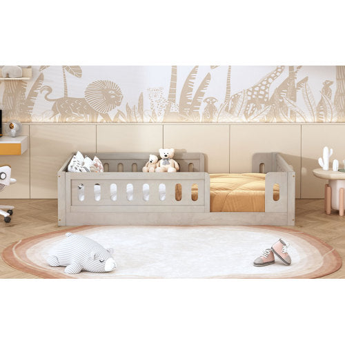 Wood Twin Size Platform Bed with Guardrail, Natural