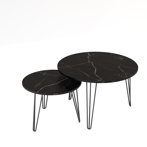 2-Piece Round Nesting Coffee Table, Faux Marble Top & Black Metal Base