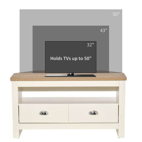 37.5 Inch White Trapezoidal Corner TV Stand for 50 Inch TV with Drawers & Open Compartment