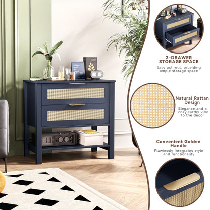 Boho Rattan Nightstand with 2 Drawers & Open Shelf