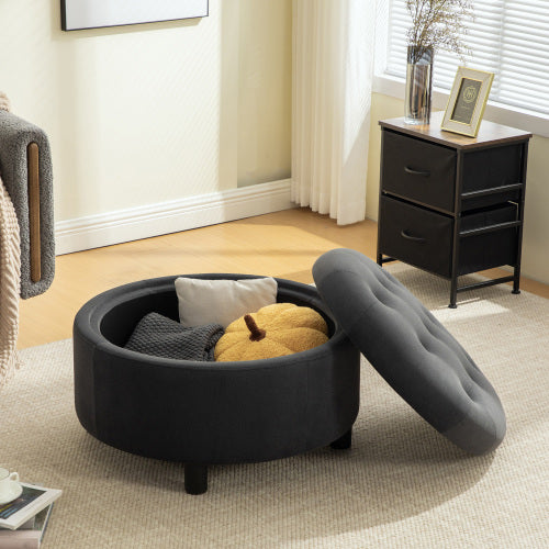 29.33 inch Grey Fleece Round Storage Ottoman, Hand Buckle Decor Reversible Lid Footstool, 300 LBS
