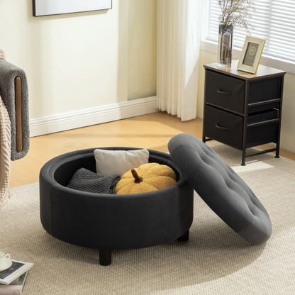 29.33 inch Grey Fleece Round Storage Ottoman, Hand Buckle Decor Reversible Lid Footstool, 300 LBS