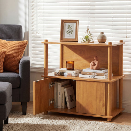 Natural Wood Nightstand, 2 Open Shelves & 2-Door Storage Cabinet Push-to-Open Side Table