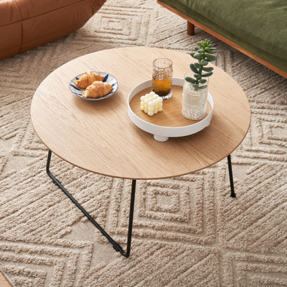 Round Oak Veneer Coffee Table with Carbon Steel Legs