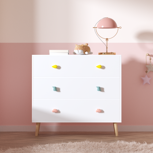 Kids 3 Drawer Dresser, Baby Nightstand Storage Cabinet, White Nursery Chest with Cartoon Pulls for Toddler Bedroom