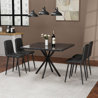 5-Piece Black Square Dining Set, Faux Marble Top & 4 Armless Chairs