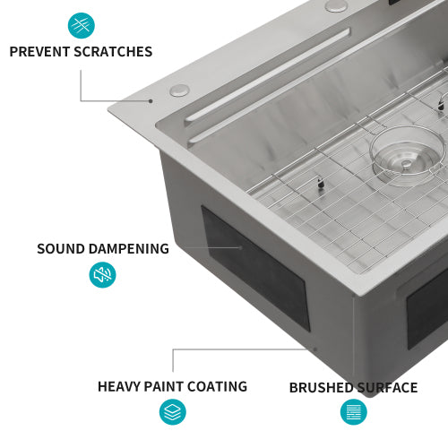 33" Drop in Waterfall Kitchen Sink - 33*22*10 inch Single Bowl 16 Gauge Stainless Steel Ledge Workstation Kitchen Sinks with Pull-Down Faucet & Cup Washer