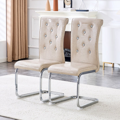 Set of 2 Retro Alligator Skin PVC Dining Chairs, Crystal Buckle Chairs with Electroplated Metal Bow Legs