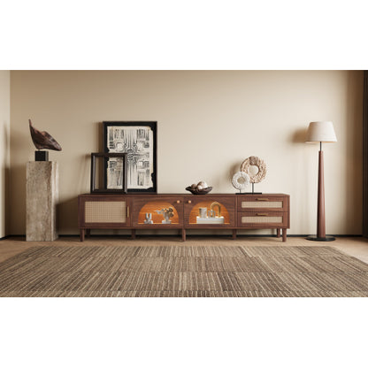 86 inch TV Stand for TVs Up to 90 inch, Rattan Media Console with LED Lights, Drawers & Glass Storage