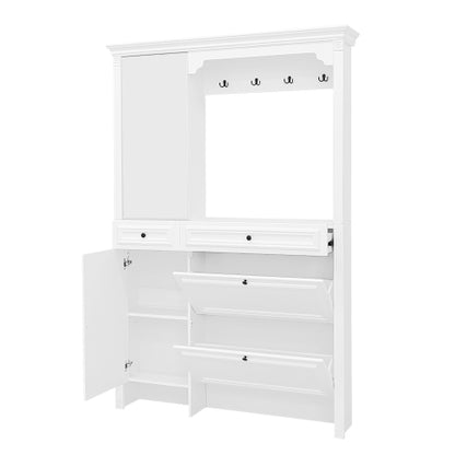 54.7 inch Hall Tree with Integrated Shoe Cabinet and Mirrored Cabinet Door, Coat Hanger, Entryway Bench, 4-in-1 Design, 2 Flip Drawers, 4 Hooks and 2 Cabinets for Entrance,Living Room